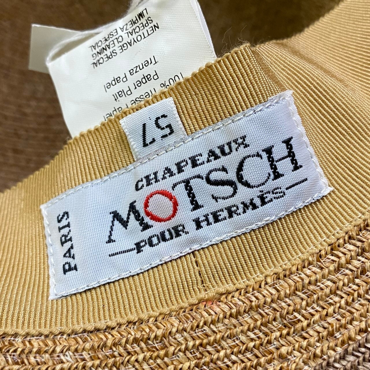 e18 MOTSCH pour Hermès モッチ ヴィンテージ エルメス デットスットク ペーパーストローハット 麦わら帽子 サイズ57 ベージュ レディース女性用