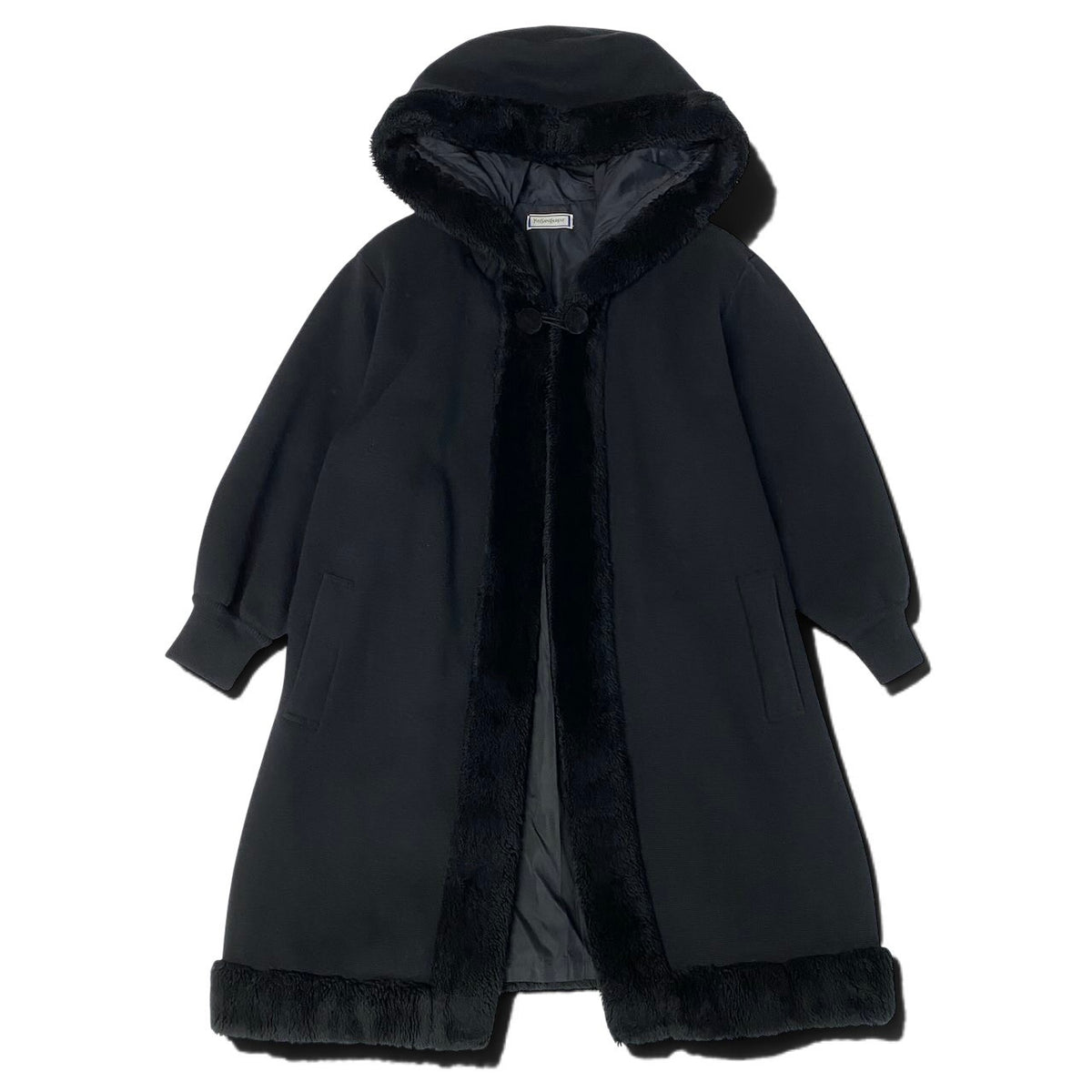 j29 YVESSAINTLAURENT ウールフーディーコート ボアデザイン アウター Mサイズ ブラック ウール100％ レディース 女性用u02t