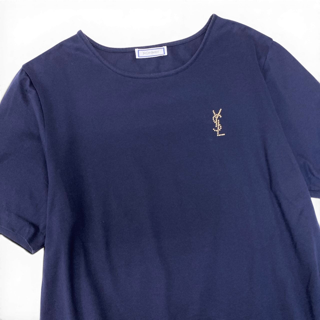 If26 YVES SAINTLAURENT イヴサンローラン 半袖カットソー ラインストーン ブランドロゴ コットンシャツ Tシャツ レディース 女性用 WN73-267 M ネイビー 綿100％u02t