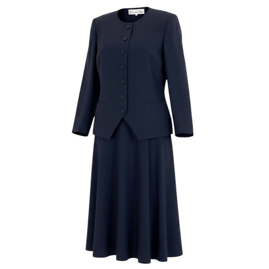 Eg11 Christian Dior クリスチャンディオール セットアップ スカートスーツ ノーカラージャケット フレアスカート サイズ13 ネイビー レディースo07t