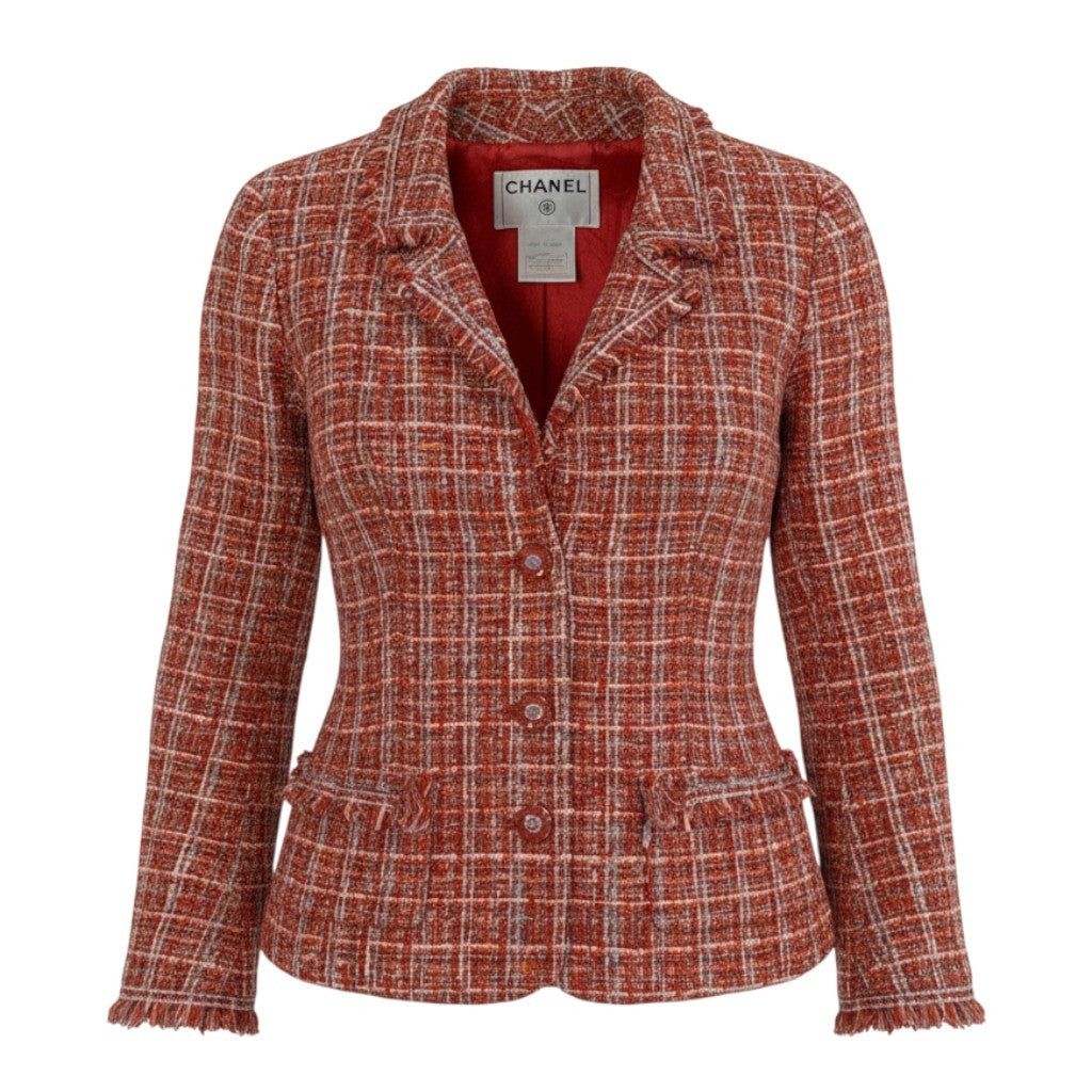 Ca14 CHANEL シャネル 2004年 P22966 ココマーククリアボタン 短丈 ショートツイードジャケット サイズ34 レッド系 ミックスツイード レディース 女性用ta1