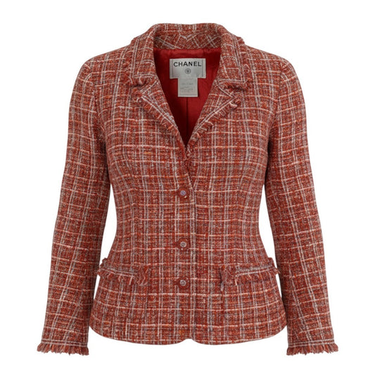 Ca14 CHANEL シャネル 2004年 P22966 ココマーククリアボタン 短丈 ショートツイードジャケット サイズ34 レッド系 ミックスツイード レディース 女性用ta1