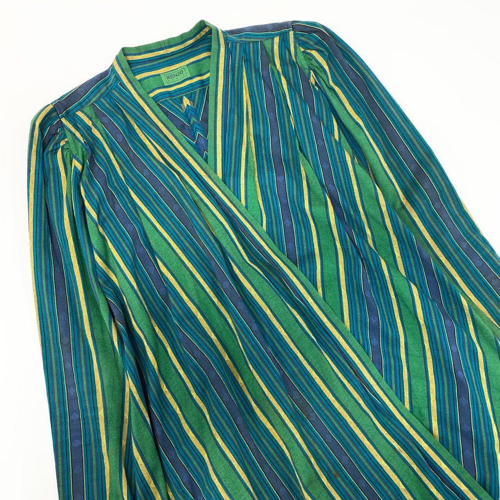 66a12 KENZO ケンゾー vintage ヴィンテージコ ロングコート ガウンコート カシュクール ストライプ柄 羽織 レディース M マルチカラー コットン100％u02t