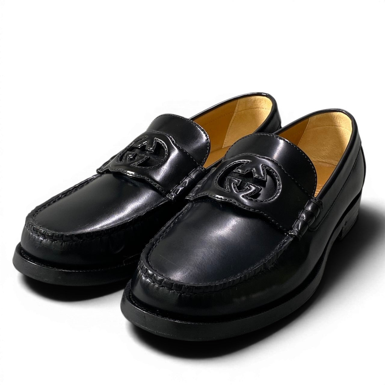 e4 GUCCI グッチ インターロッキング GGロゴ ローファー シューズ ドレスシューズ スリッポン 738470 8 1/2 ブラック レザー メンズo07t