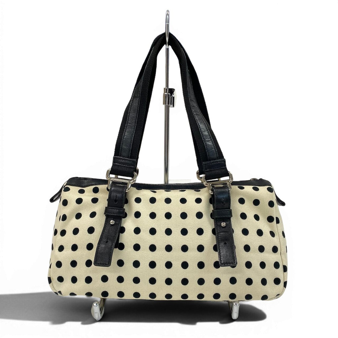 e4 《美品》 Yves Saint Laurent イヴサンローラン ポルカドット ミニボストンバッグ Vintage Polka Dot Mini Boston ホワイト ブラックt18r