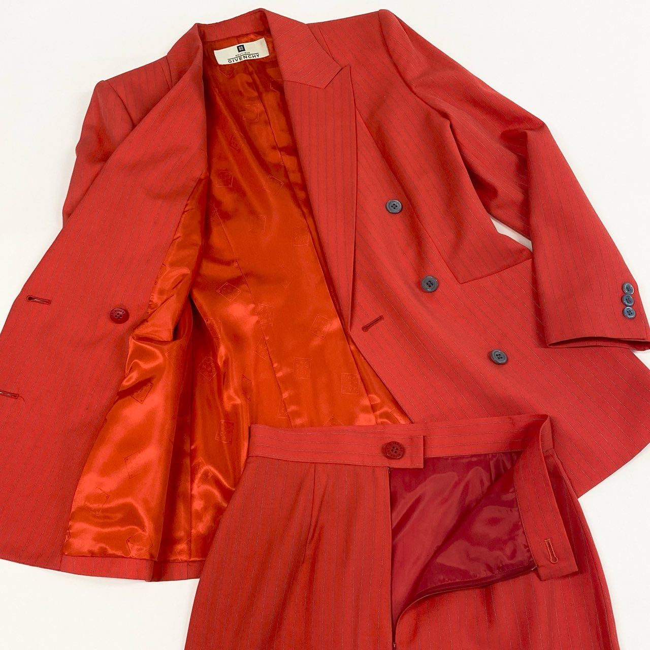 28b20 Vintage GIVENCHY ジバンシー スカートスーツ セットアップ ダブルブレスト 38 オレンジ ストライプ ウール 裏地ロゴu02t