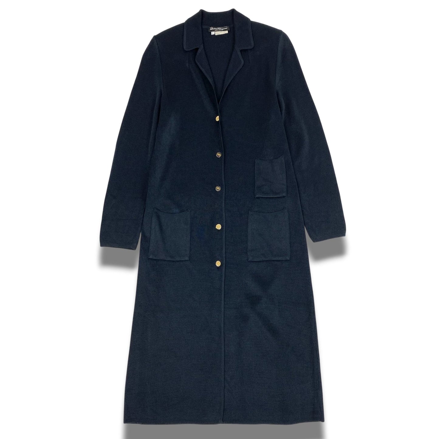 Eb20  《美品》 Salvatore Ferragamo サルヴァトーレフェラガモ ロングカーディガン ニットカーディガン ガンチーニ 金ボタン L ネイビー レディースu02t