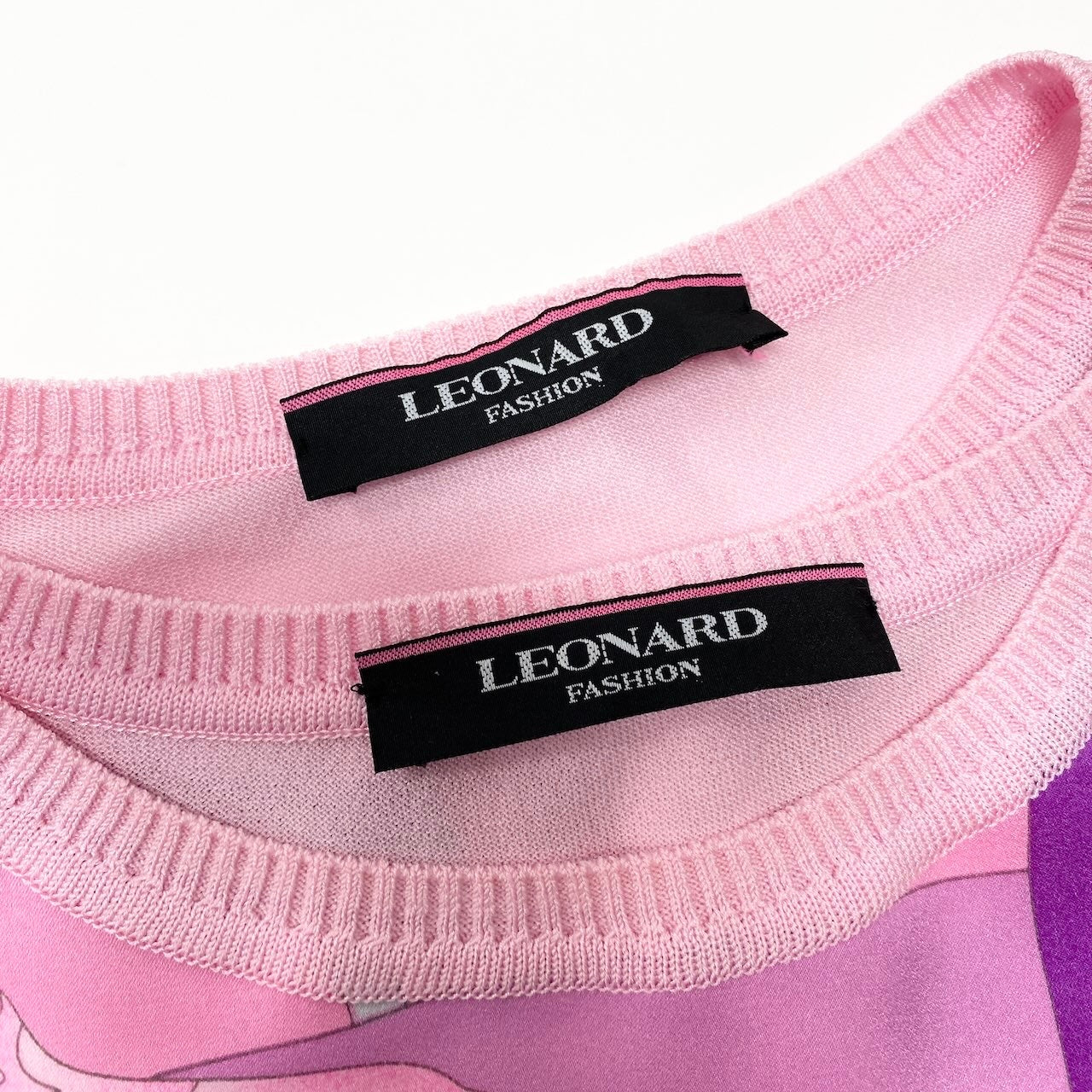 22d12 【極美品】 LEONARD FASHION レオナール アンサンブルニット ツインニット カンカン素材 カーディガン ノースリーブトップス 美しい花柄プリント サイズ40 ピンク レディースu02t