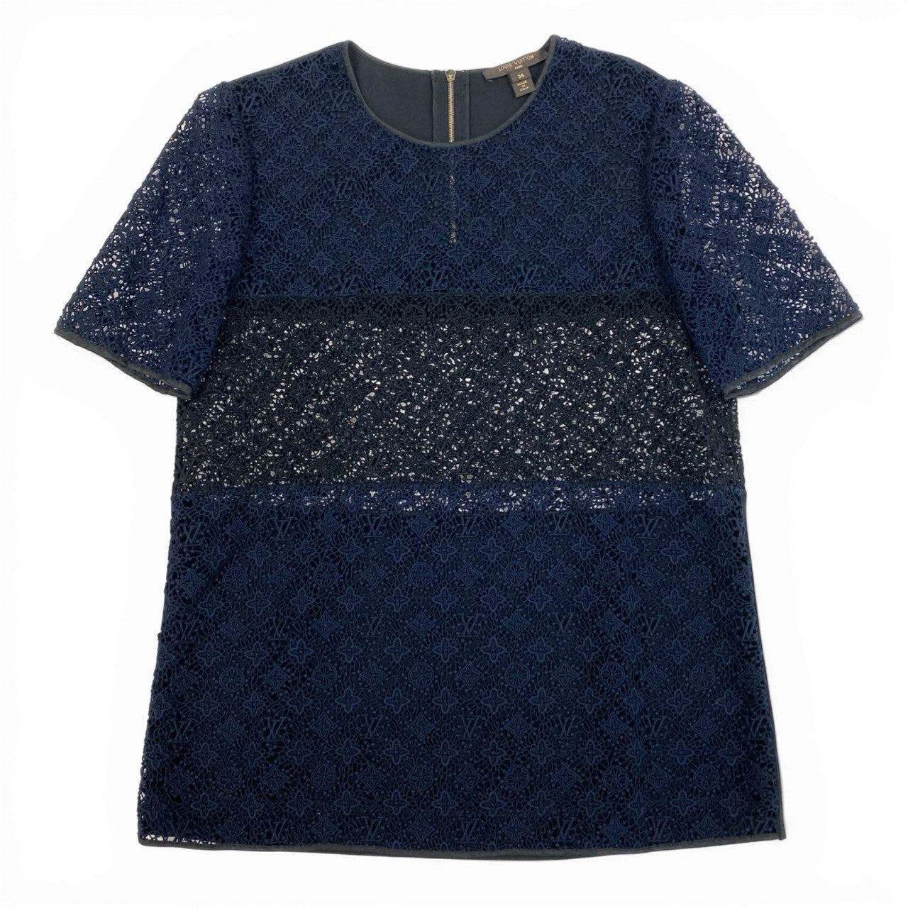 Eb19 LOUIS VUITTON ルイヴィトン モノグラム レースカットソー ショートスリーブ トップス 総柄 切替デザイン レディース Monogram Lace Top サイズ36 ネイビー ブラックt18r