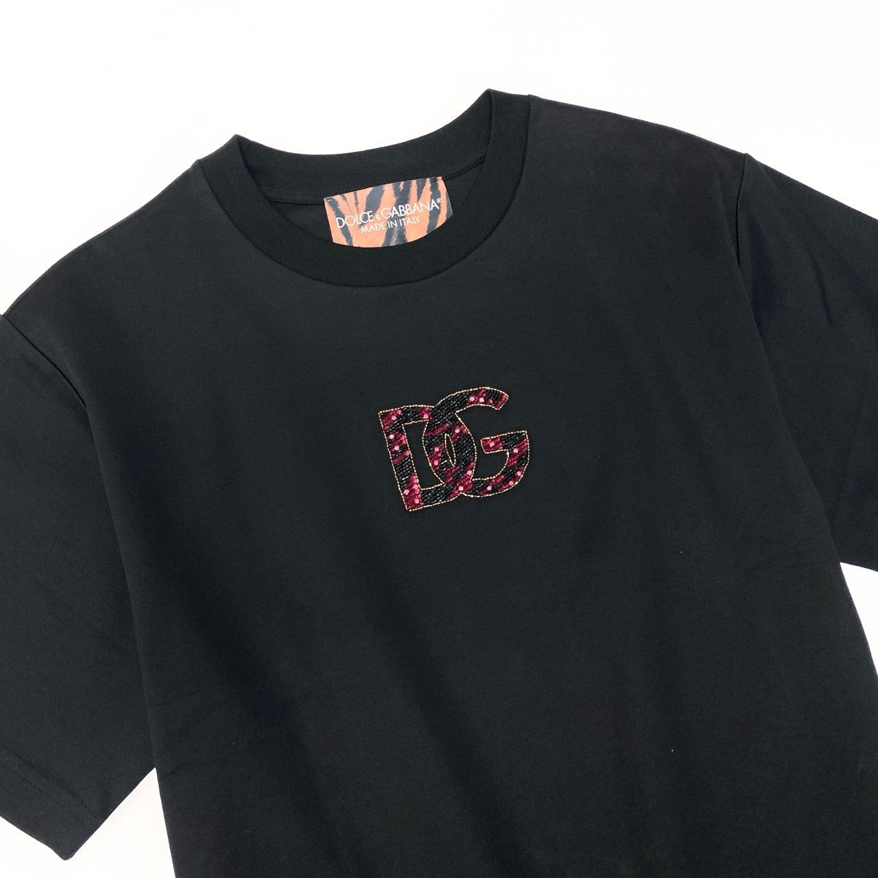 Ic5 《極美品》 DOLCE&GABBANA ドルチェアンドガッバーナ ビーズロゴ ドロップショルダー Tシャツ Embroidered Logo T-shirt サイズXS ブラック D&Gt18r