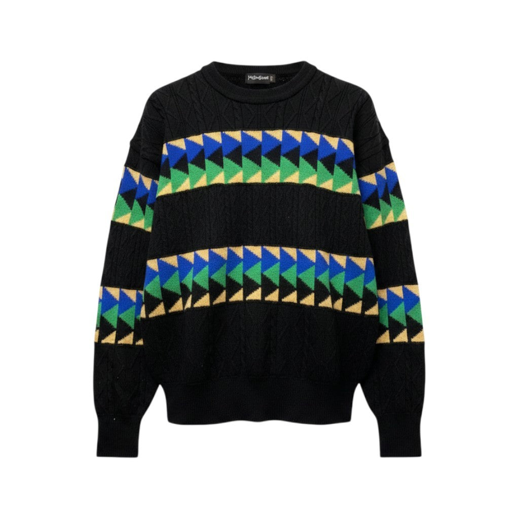 85g7 YVES SAINT LAURENT イヴサンローラン クルーネック ニットセーター 総柄 ケーブルニット サイズL ブラック ウール100％ メンズ 紳士服o07t