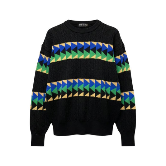 85g7 YVES SAINT LAURENT イヴサンローラン クルーネック ニットセーター 総柄 ケーブルニット サイズL ブラック ウール100％ メンズ 紳士服o07t