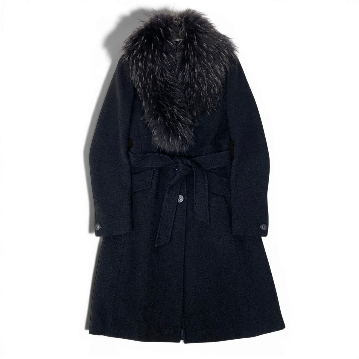 18g16 MaxMara マックスマーラ ラクーンファー ベルテッドコート ロング サイズ42 ブラック レディース 女性用u02t