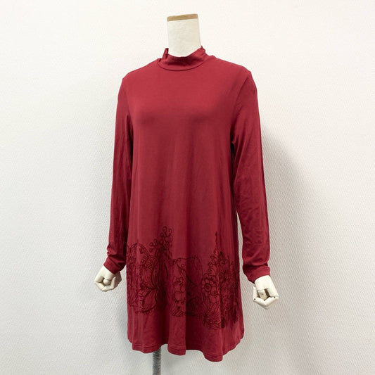 45h15 TOKUKO 1er Vol トクコプルミエヴォル 花柄刺繍 ボトルネック 長袖チュニック カットソー ロングスリーブ ワンピース ドレス 9 Mサイズ レッド レディース 日本製o07t