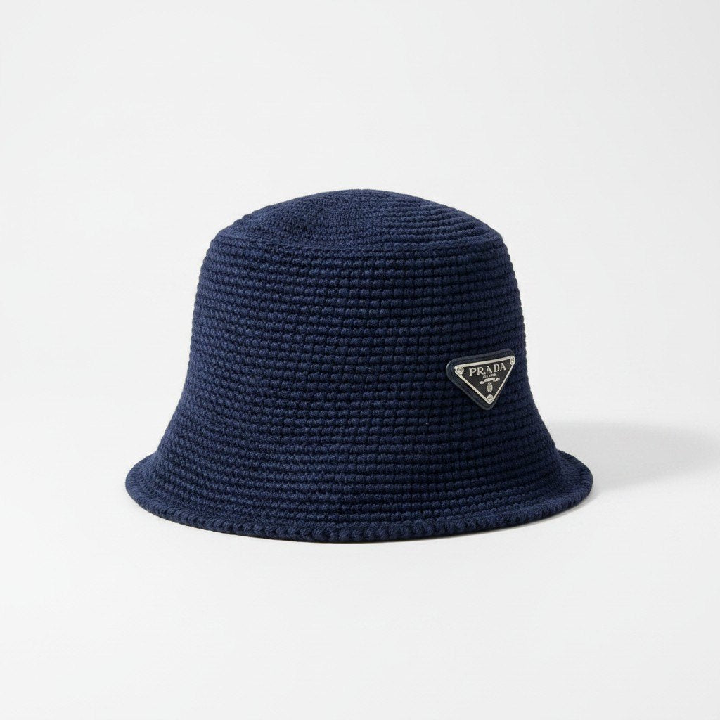 g14 PRADA 2025 クロシェ バケットハット 三角プレート 2HC137 2HGN M 58cm ネイビー コットン100％ レディース 女性用