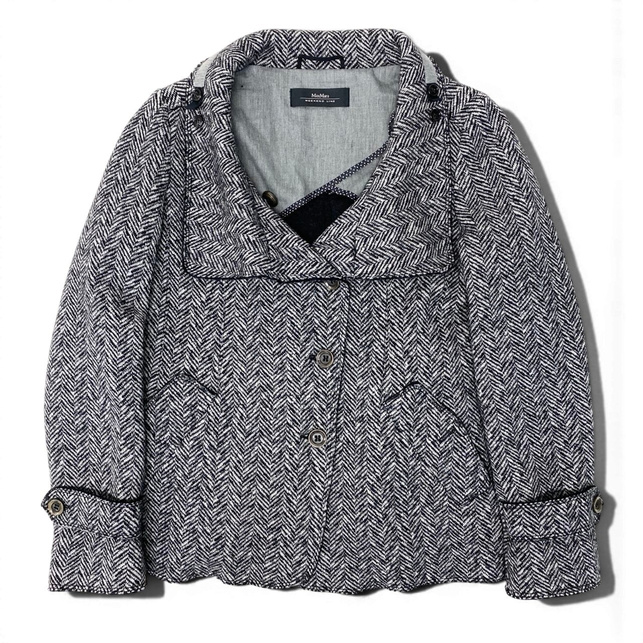 88g20 MaxMara WEEKEND LINE マックスマーラ ウィークエンドライン ヘリンボーン スタンドカラージャケット ショートコート サイズ42 ブラック ホワイト レディース 女性用u02t