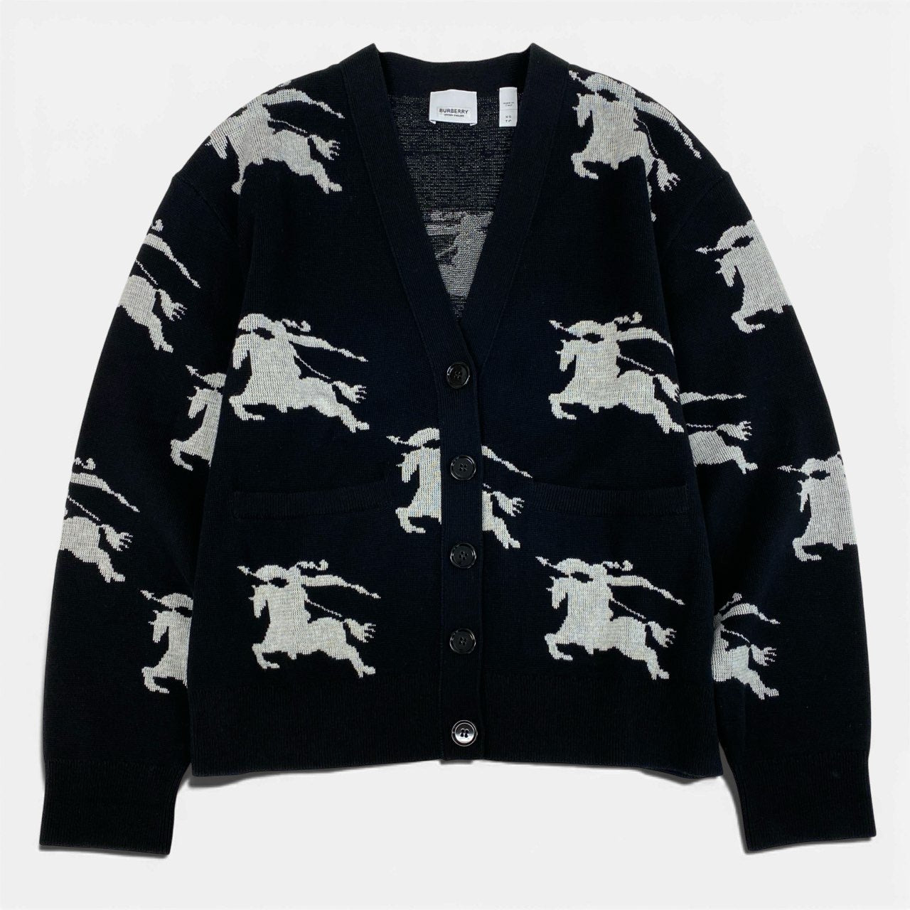 20a14 BURBERRY LONDON ENGLAND バーバリー ニットカーディガン 総柄 馬ロゴ エクエストリアンナイト コットン混 レディース 女性用 XS ブラック ホワイトo07t