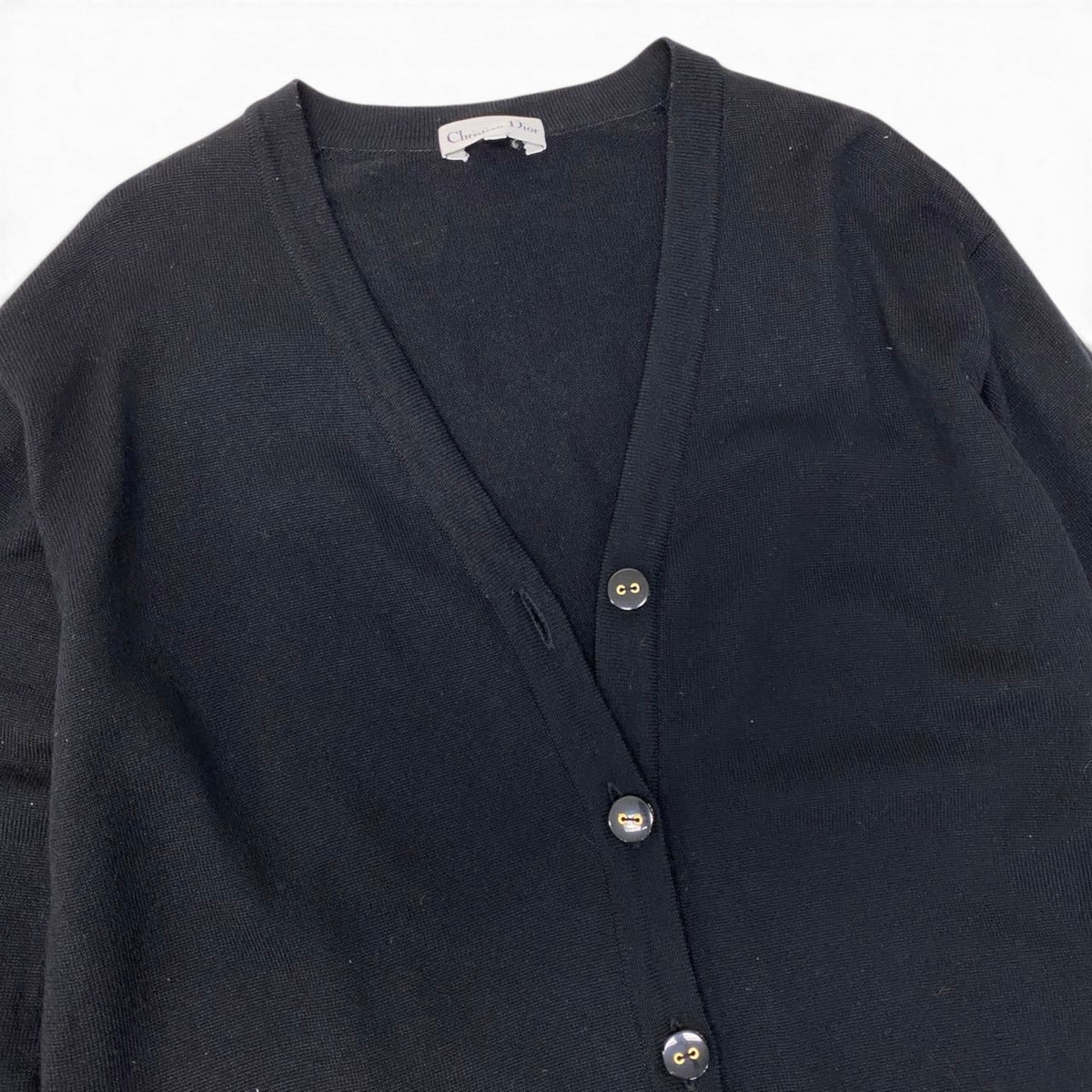 89i15 Christian Dior クリスチャンディオール ロングスリーブ ニットカーディガン チュニック丈 ロゴボタン サイズL ブラック ウール100％ レディースo07t