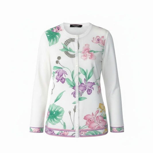 27f17 【美品】LEONARD レオナール ロングスリーブカーディガン カンカン切替 チュニック丈 美しい花柄プリント 0197764 38サイズ ホワイト レディース 女性用u02t