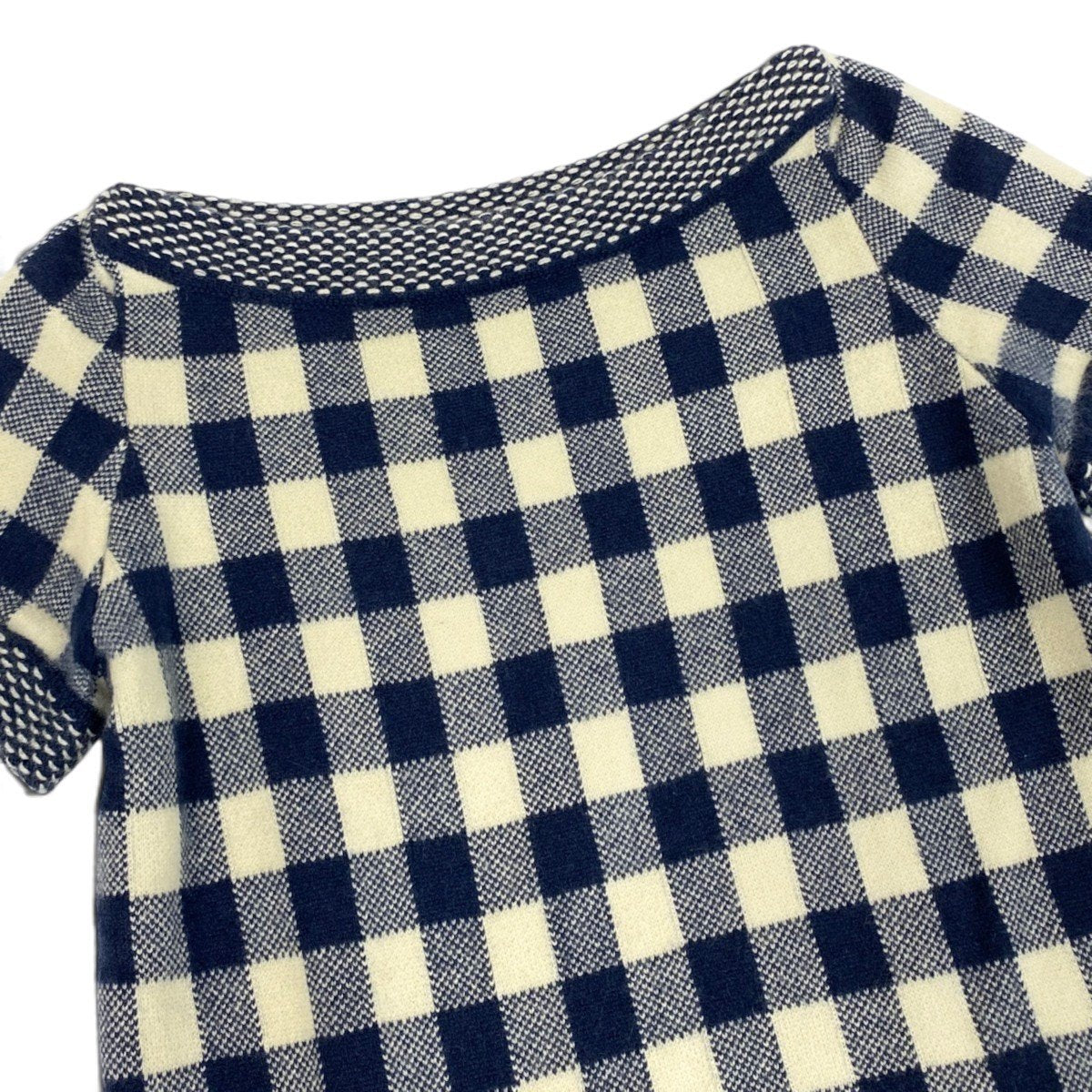 h31 CHANEL カシミヤニットセーター ショートスリーブ ココマーク刺繍 ボートネック チェック柄 38サイズ ブルー アイボリー カシミヤ100％ レディース 女性用k02i