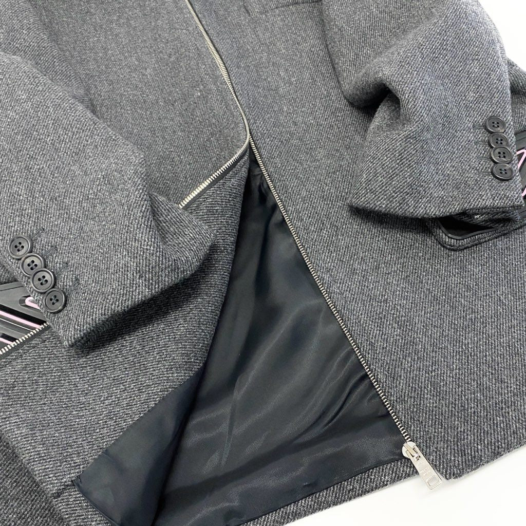 30a9 【美品】 PRADA プラダ ウールジップジャケット ロングジャケット 三角ロゴ トライアングルデザイン  レディース 女性用 38 グレーo07t