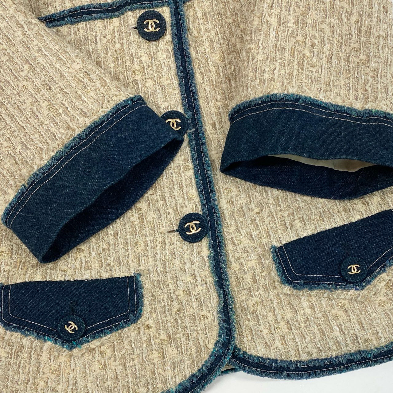 Cb19 CHANEL シャネル 07P P30527 2007年 7分袖 デニム切替ツイードジャケット ココマークボタン サイズ36 レディースta1