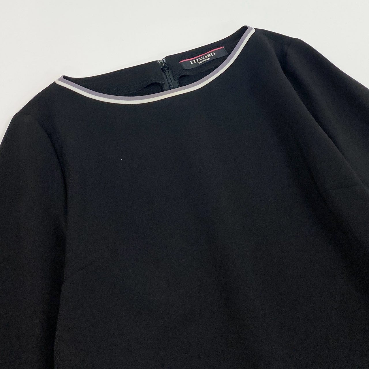 20a14 LEONARD FASHION レオナール 7分袖カットソー トップス カンカン素材  レディース 女性用 サイズ42 ブラックo07t