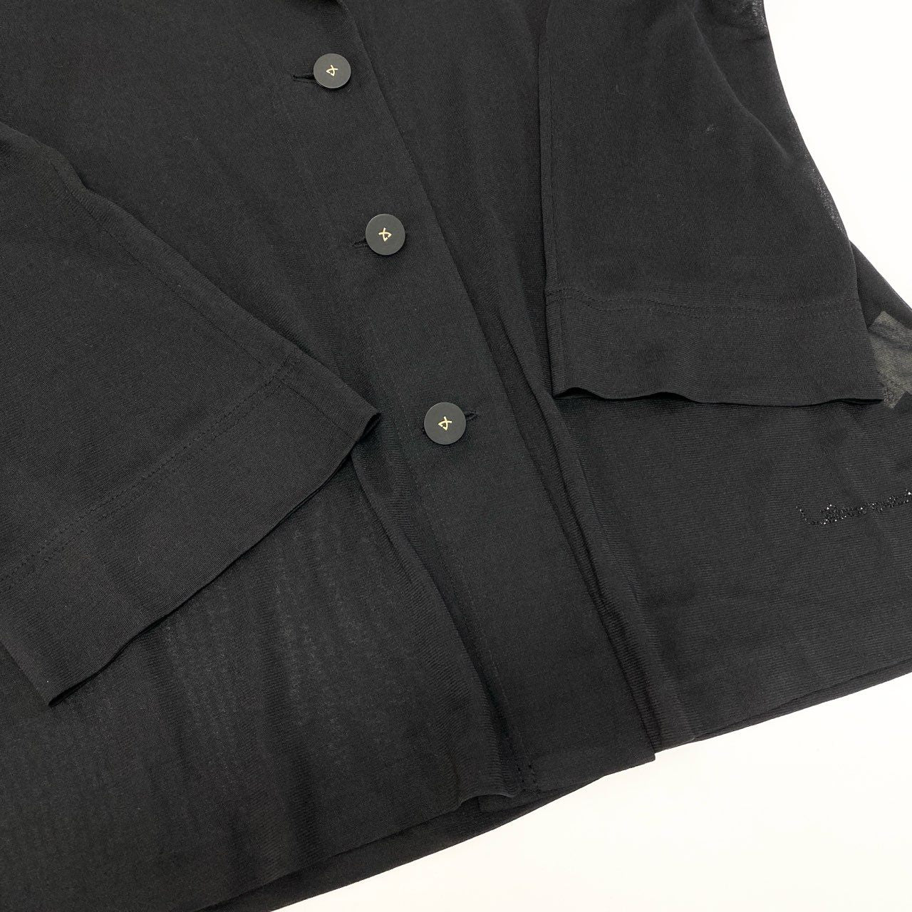 60c6 LEONARD レオナール カンカン素材 薄手カーディガン ラインストーンロゴ LL ブラック レディースu02t