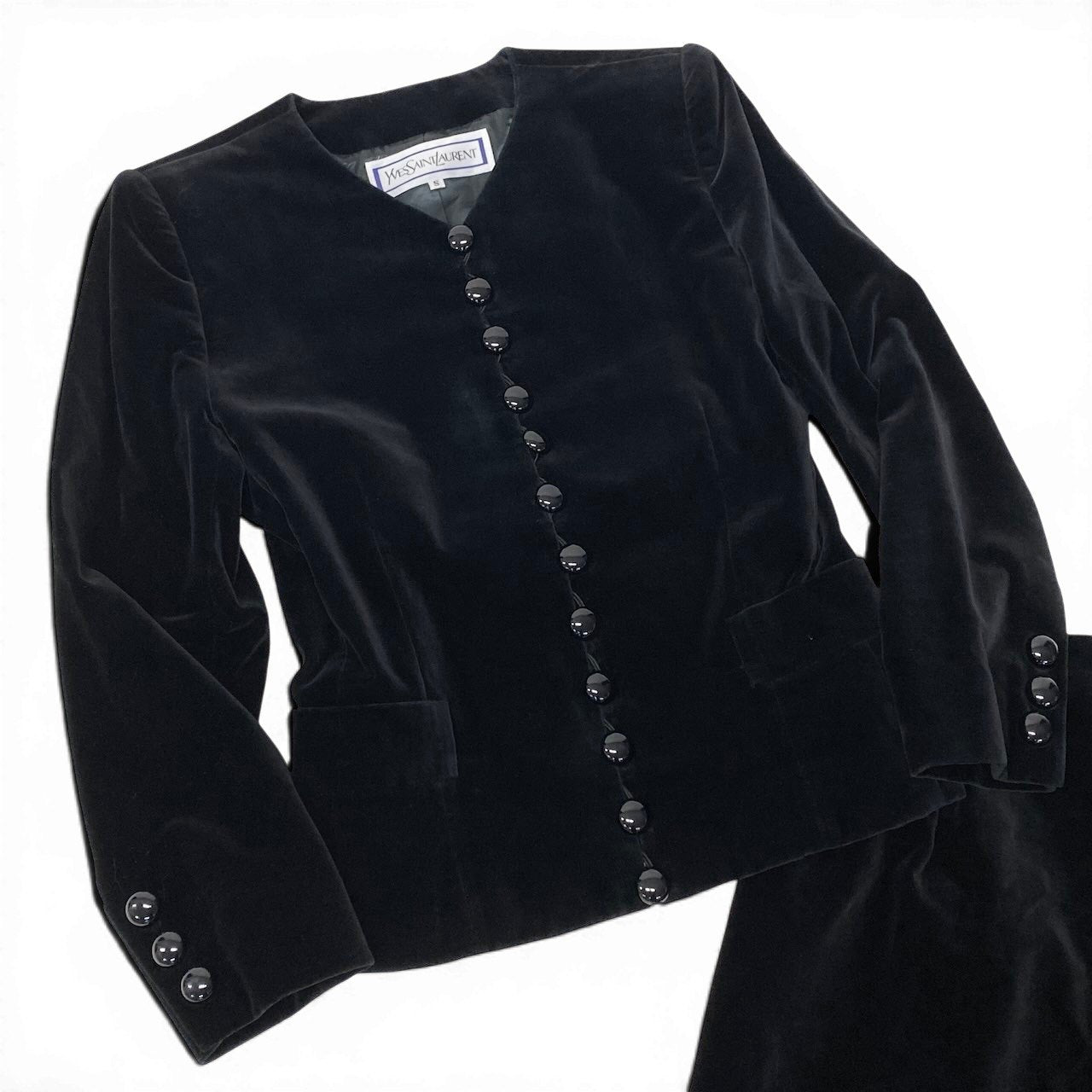 Eg6 YVES SAINT LAURENT イヴサンローラン セットアップ スカートスーツ ベロア ノーカラージャケット  サイズS ブラック レディースo07t