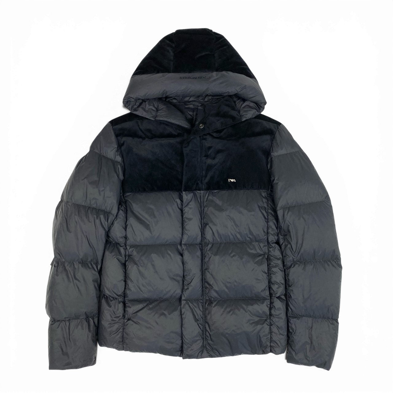 71a23 EMPORIO ARMANI エンポリオアルマーニ スーパーライト ダウンジャケット ベロア切替デザイン ダブルジップ サイズ48 ブラック メンズ 男性用 アウターk02i