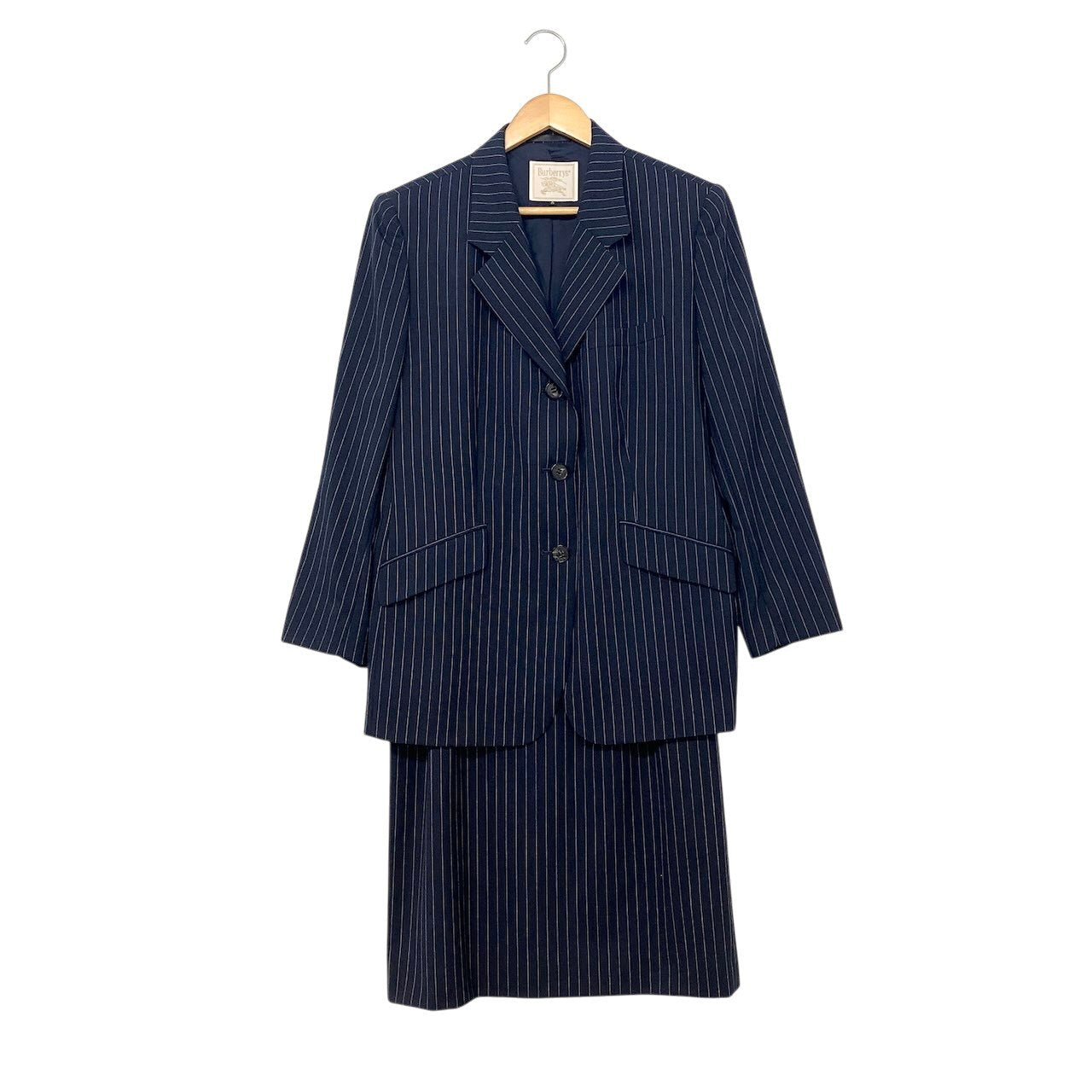 78h21 Burberrys' バーバリー セットアップ スカートスーツ フォーマル ストライプ柄 ジャケット15 / スカート13 ネイビー ウール10％ レディース 女性用o07t