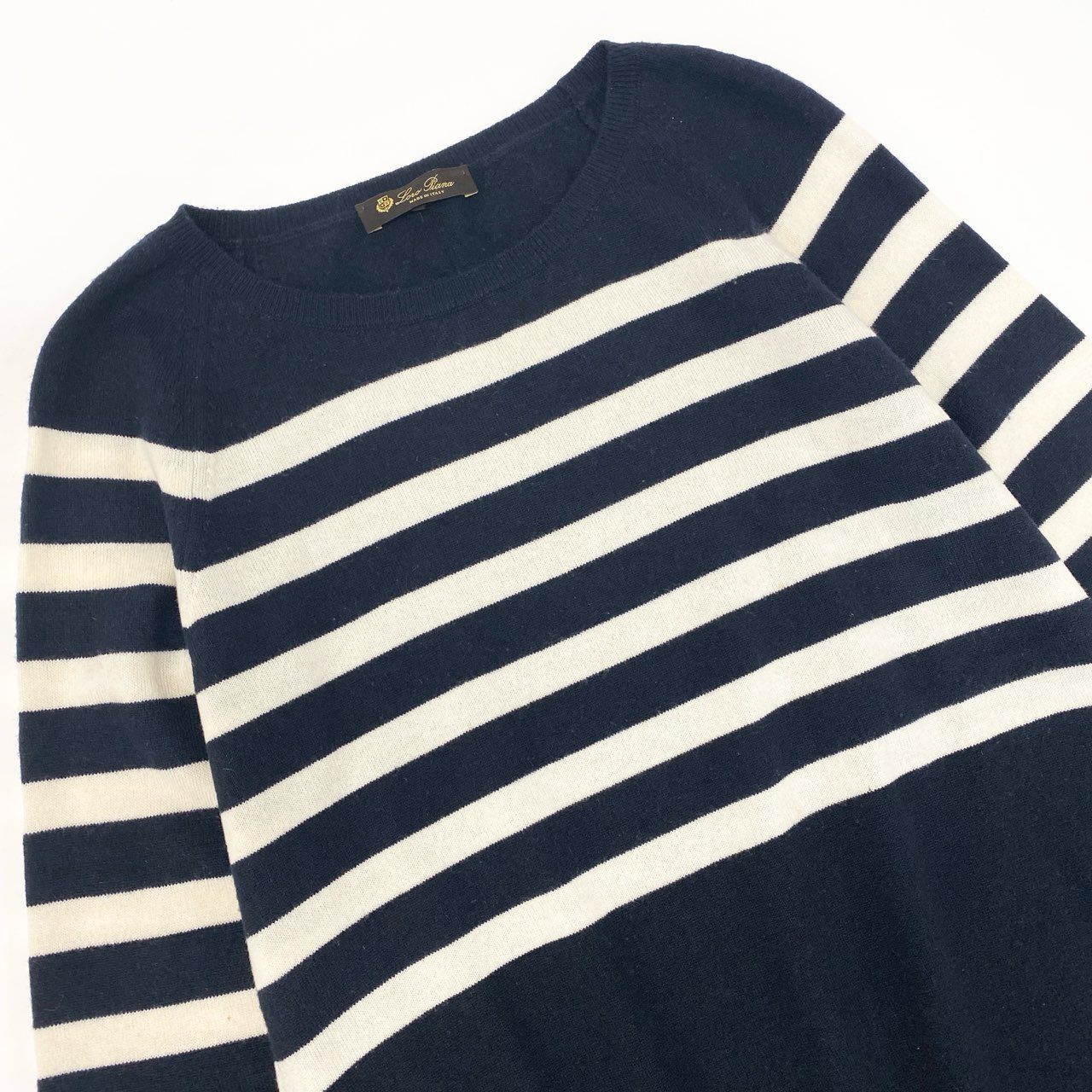 52k23 Lolo Piana ロロピアーナ ニットセーター クルーネック ロングスリーブ ボーダー イタリア製 レディース 42 ネイビー ホワイトu02t