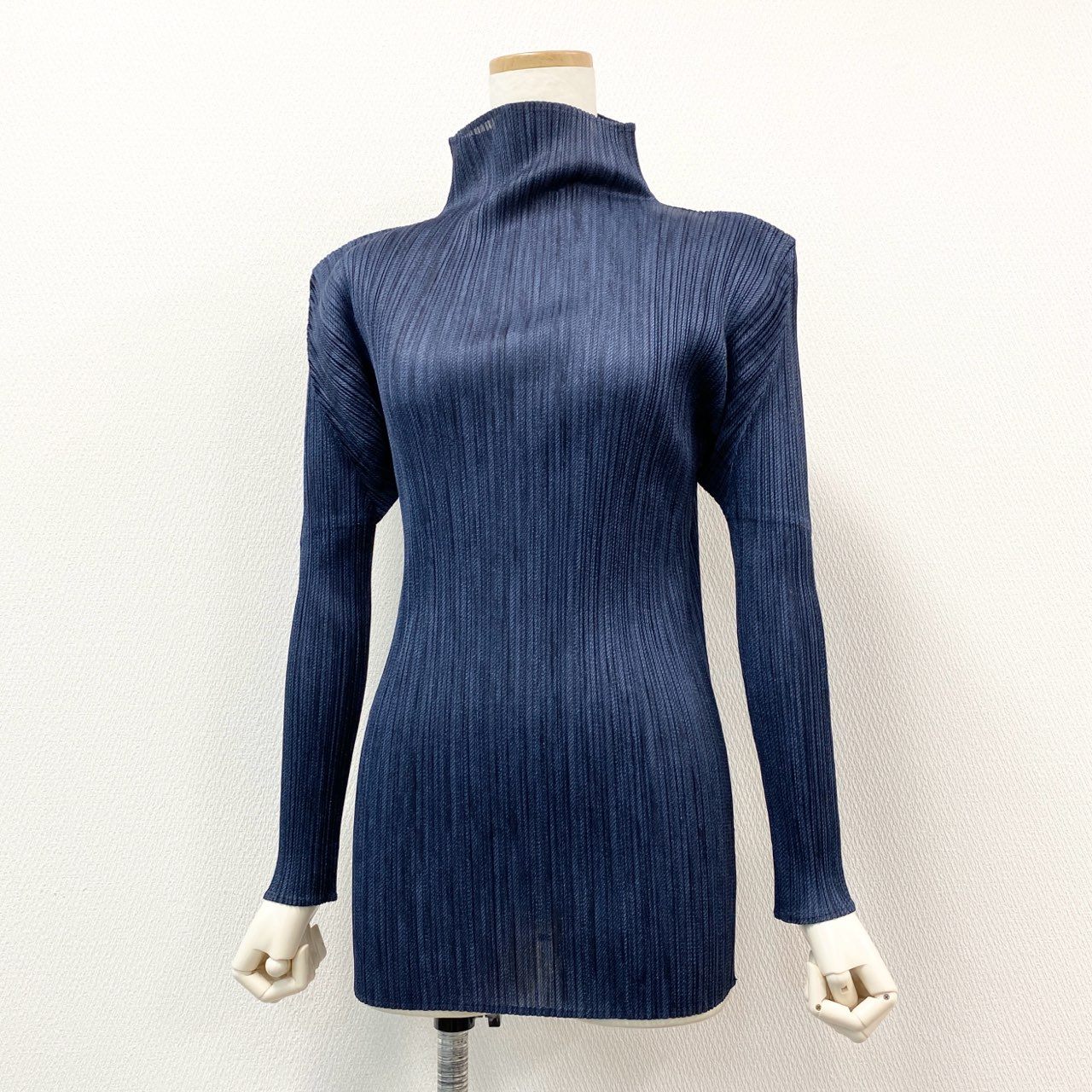 42h22 PLEATS PLEASE プリーツプリーズ イッセイミヤケ 変形カットソー トップス  ハイネック プリーツ加工 PP04-JK204 サイズ3 ネイビー ポリエステル レディース 日本製u02t