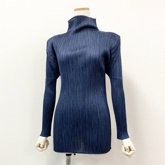 42h22 PLEATS PLEASE プリーツプリーズ イッセイミヤケ 変形カットソー トップス  ハイネック プリーツ加工 PP04-JK204 サイズ3 ネイビー ポリエステル レディース 日本製u02t