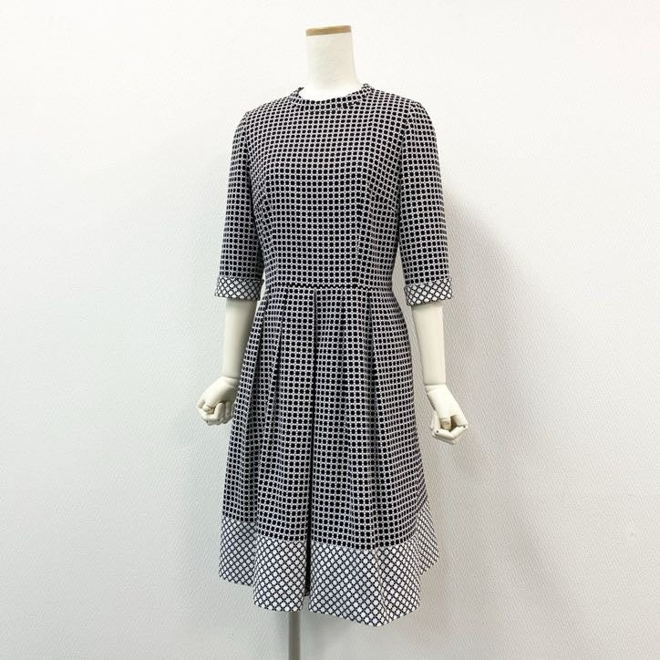 64g24【美品】 Leilian レリアン 七分袖ワンピース プリーツスカート モノクロ ウエスト切替 日本製 レディース 女性用 9 ブラック×ホワイト_