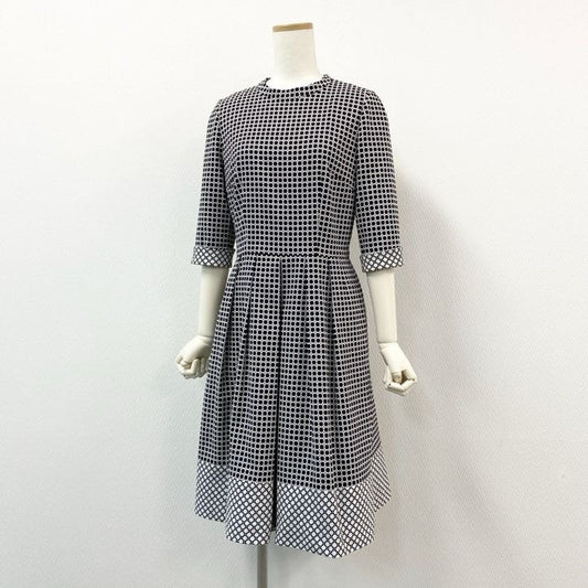 64g24【美品】 Leilian レリアン 七分袖ワンピース プリーツスカート モノクロ ウエスト切替 日本製 レディース 女性用 9 ブラック×ホワイト_