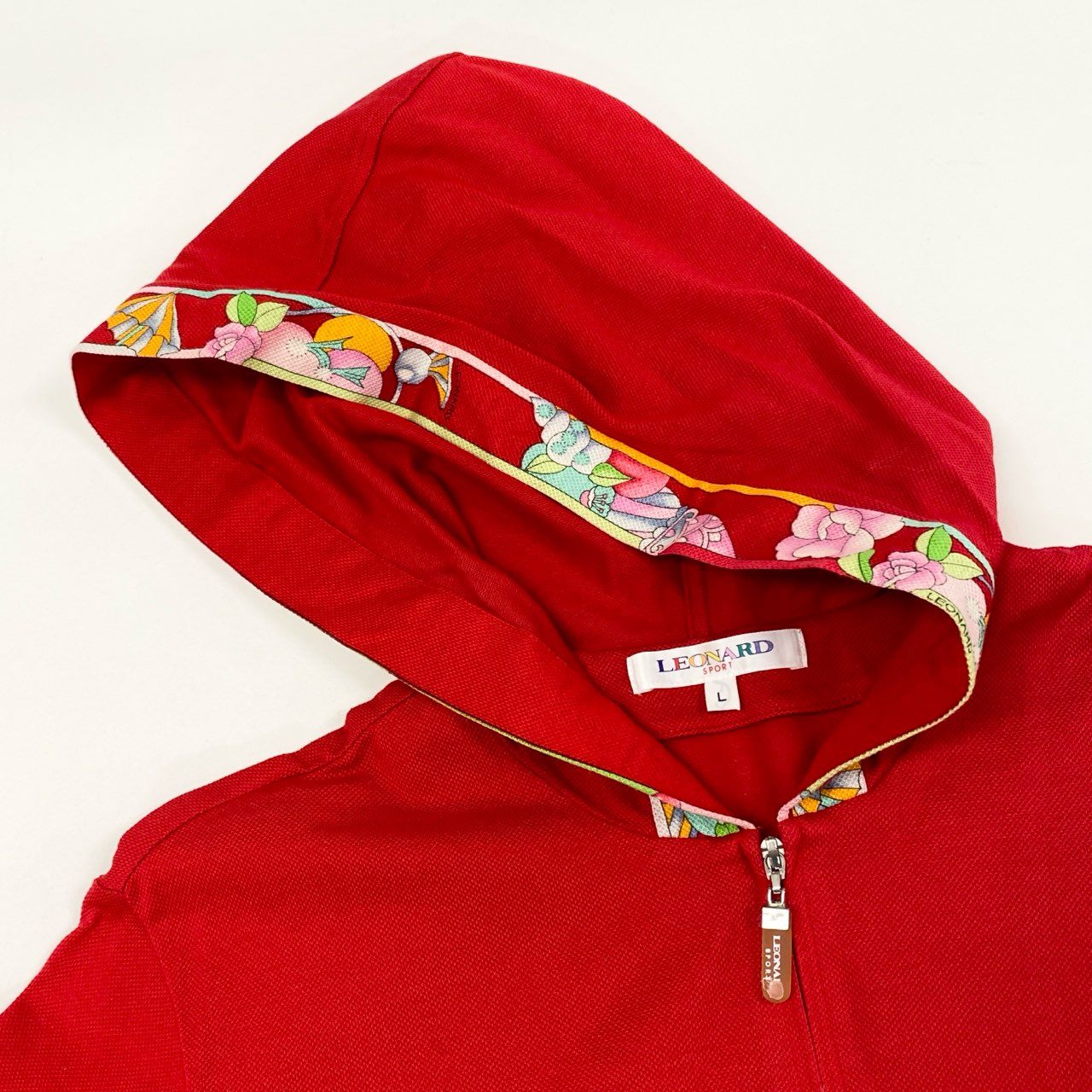 66i18 《美品》 LEONARD レオナール 半袖パーカー ジップアップ カットソー トップス 鹿の子  L レッド コットン レディース 美しい花柄プリントu02t