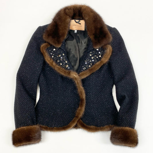 83i29 《美品》Blumarine ブルマリン ツイードジャケット ジャケットアウター スタッズ ファー 36サイズ ブラック ブラウン レディースo07t