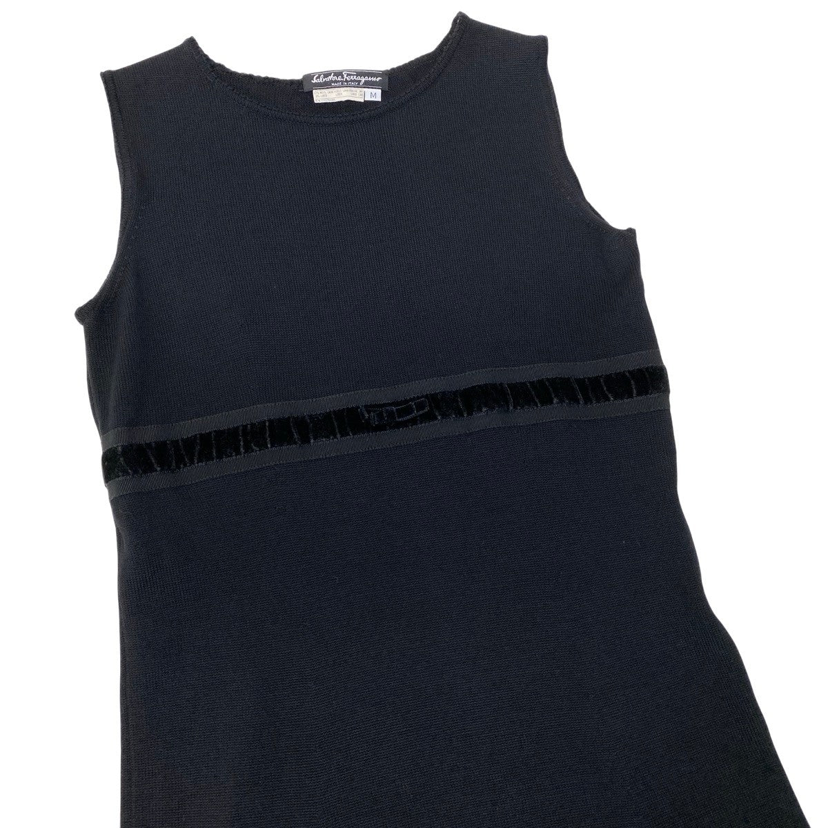 Eh10 Salvatore Ferragamo サルヴァトーレフェラガモ ノースリーブ ニットワンピース ウール混 サイズM ブラック レディースo07t