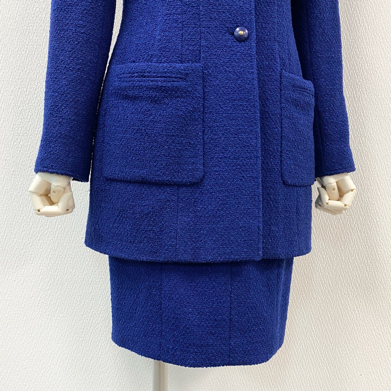 63i12 CHANEL シャネル 95A ココボタン ラメツイード セットアップ レトロ  ブルー Vintage ヴィンテージ Tweed Setupt18r