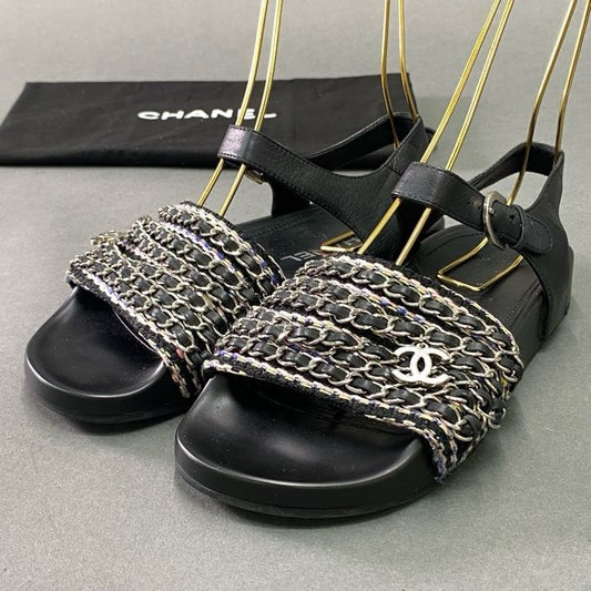 4f4 CHANEL シャネル ココマークチャーム付き 6連チェーン サンダル G31764 35 ブラック ツイード シューズ 夏