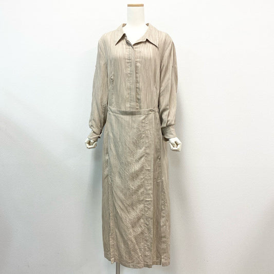 80j17《美品》AKRIS アクリス 変形シャツワンピース ロングワンピース ストライプ 48サイズ ベージュ レディースu02t