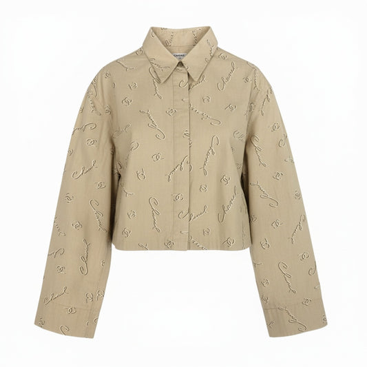 65b10 CHANEL シャネル ロゴ 総柄 ロングスリーブシャツブラウス Logo Shirt Blouse 40サイズ ベージュ レディース 女性用ta1