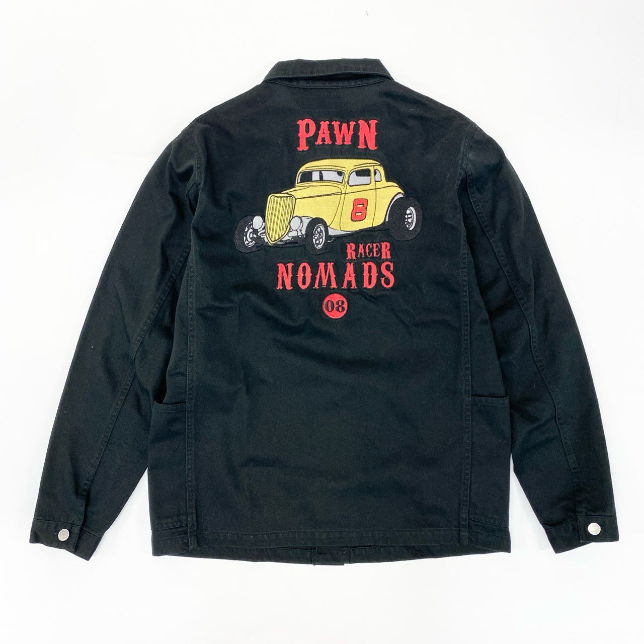 14j10 PAWN NOMADS パウン シャツジャケット カバーオール ワークジャケット ワッペン Lサイズ ブラック メンズo07t