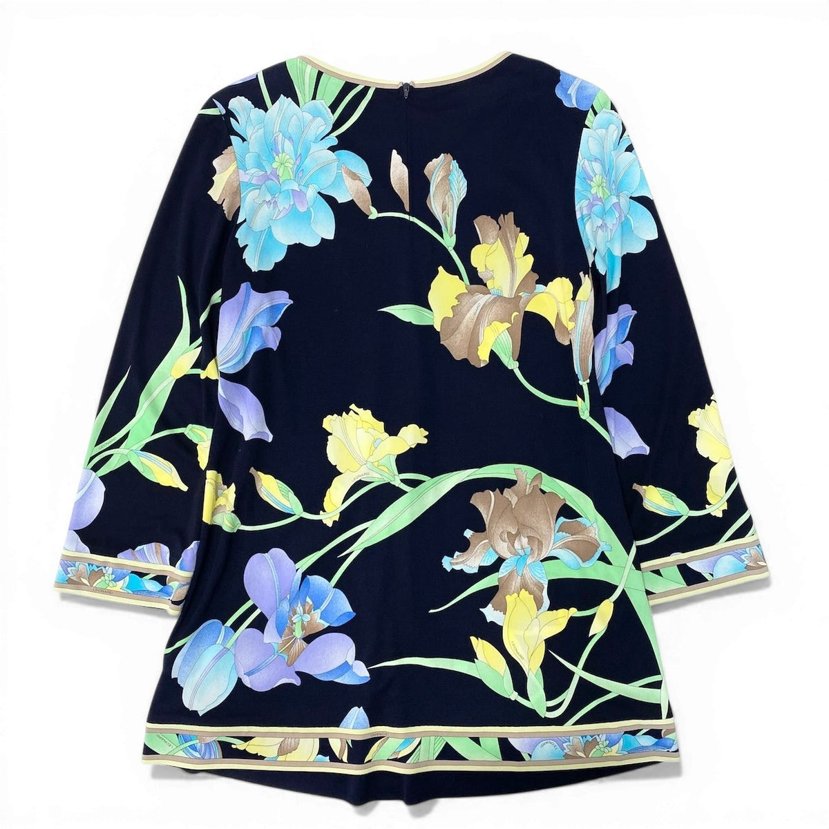 35d12 【美品】 LEONARD FASHION レオナール チュニックワンピース カットソー 美しい花柄プリント カンカン素材 ロングスリーブ サイズ40 ネイビー レディース 女性用u02t