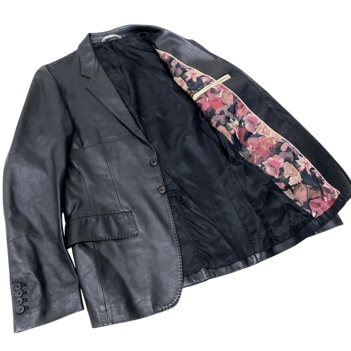 30h22 Paul Smith ポールスミス テーラードジャケット レザージャケット 裏地プリント サイズM ブラック 羊革 メンズo07t