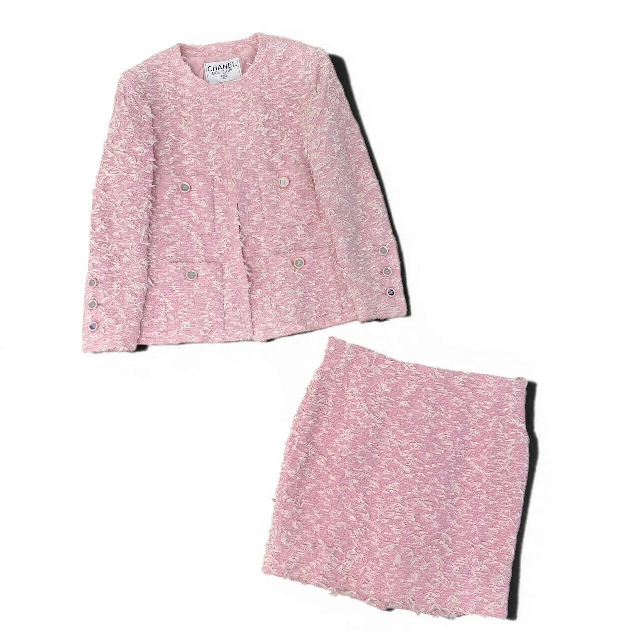Ce27 CHANEL BOUTIQUE シャネル 1995年 ファンシーツイード ジャケット 4つポケット ココマーク ミラーボタン ピンク レディース 女性服tta1