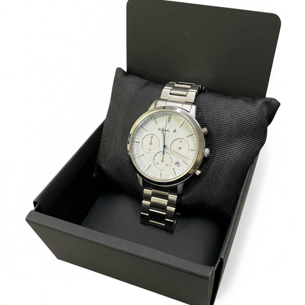 b12 【美品】 agnes b アニエスベー クロノグラフ デイト クォーツ 腕時計 QZ VD53-KWB0 シルバー ホワイト ステンレスk02i