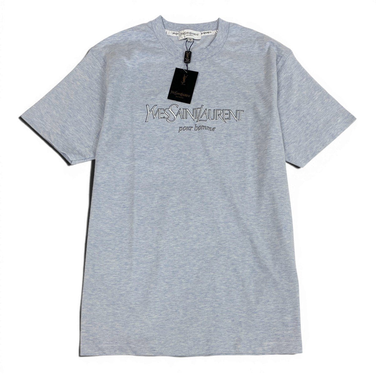 Mg10 【未使用タグ付】 YVES SAINT LAURENT イヴサンローラン ロゴプリント 半袖Tシャツ カットソー サイズM ブルー コットン100％ メンズ 紳士服o07t