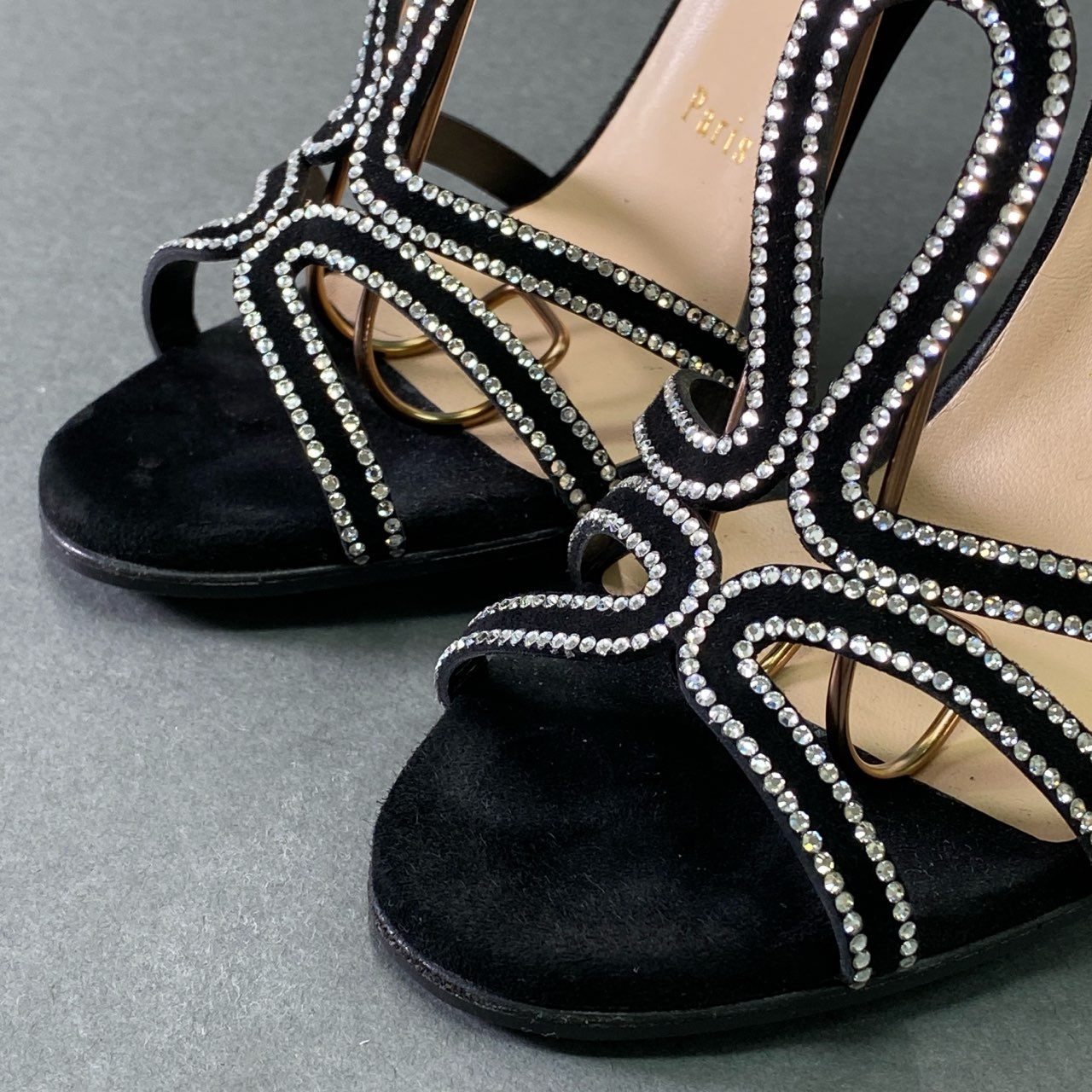 5e30 《極美品》 Christian Louboutin クリスチャンルブタン RENEE STRASS 100 ラインストーン クリスタルヒールサンダル 36 ブラック スエードレザー パンプス 箱付き